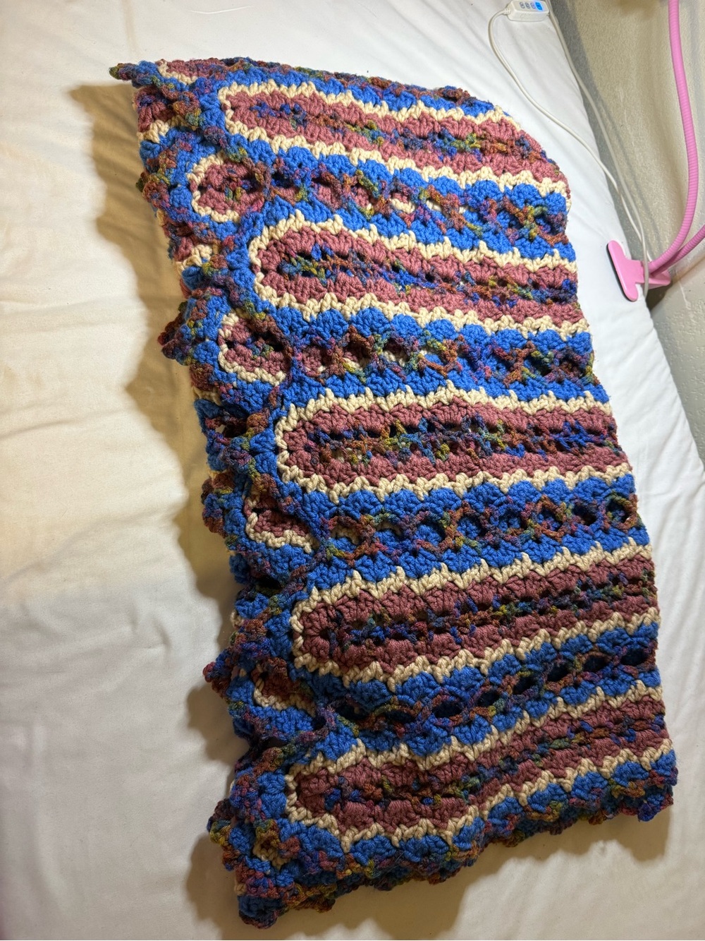 Handmade Multicolor Crochet Throw Blue, Pink, Cream